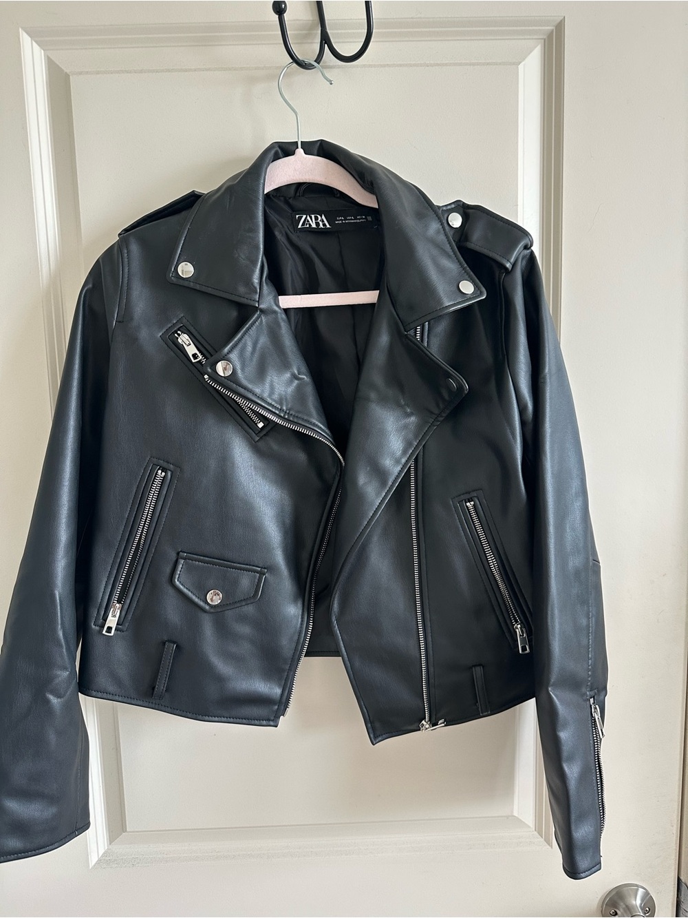 Zara Black Faux Leather Moto Jacket with Silver Hardware